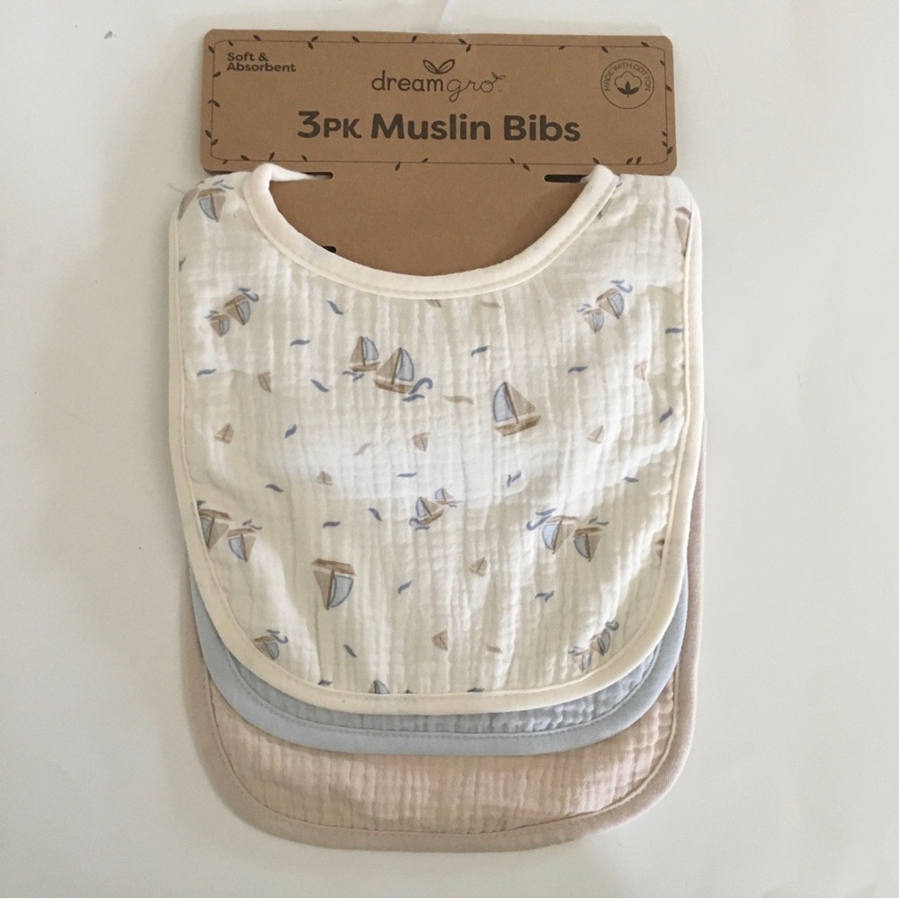 Cotton Baby Bibs 3 Muslin Teething Drool Bibs Sailboats Blue Tan NEW | DreamGro